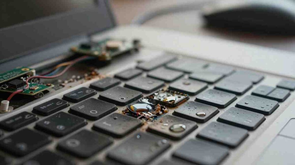 Close-up of Spilled Liquid on Laptop internal components and keyboard keys showing moisture damage.
