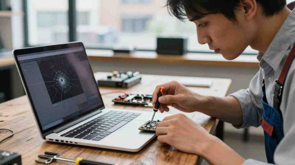 A technician performing a hardware repair on a laptop using precision tools, showcasing reliable laptop fix near me services in Canada.
