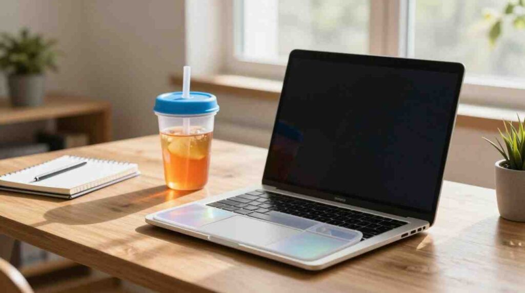 A laptop on a wooden desk with a keyboard protector and a lidded cup nearby.
