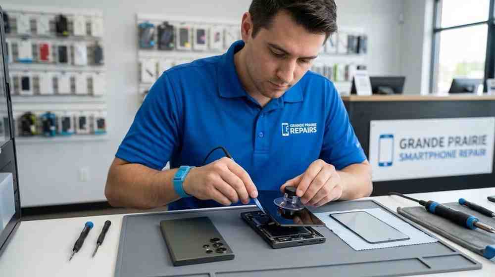 A skilled technician replacing a damaged display at a local Samsung screen repair in Grande Prairie storefront.