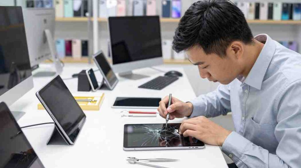 Expert technician performing Tablet & iPad Screen Repair on a cluttered, professional workstation surrounded by various mobile devices.
