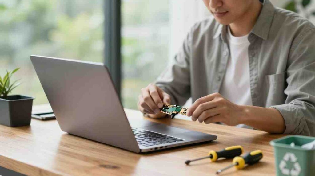 A technician inspecting a circuit board during a multi-issue laptop fix near me service in Canada.