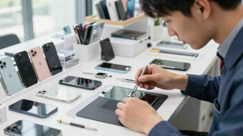 Technician carefully working on a shattered device, demonstrating the intricate process of a professional Tablet & iPad Screen Repair.