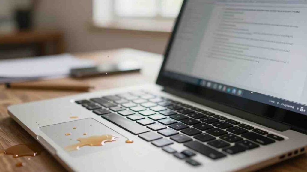 Liquid splashing onto a laptop keyboard and trackpad on a wooden table.
